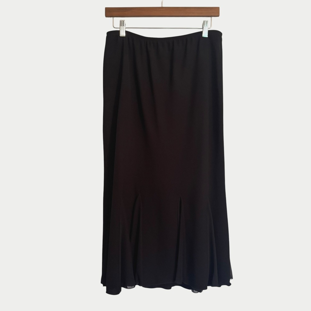Vintage Black Godet Pleated Midi Skirt Sheer Overlay Lined Size 10 Whimsigoth